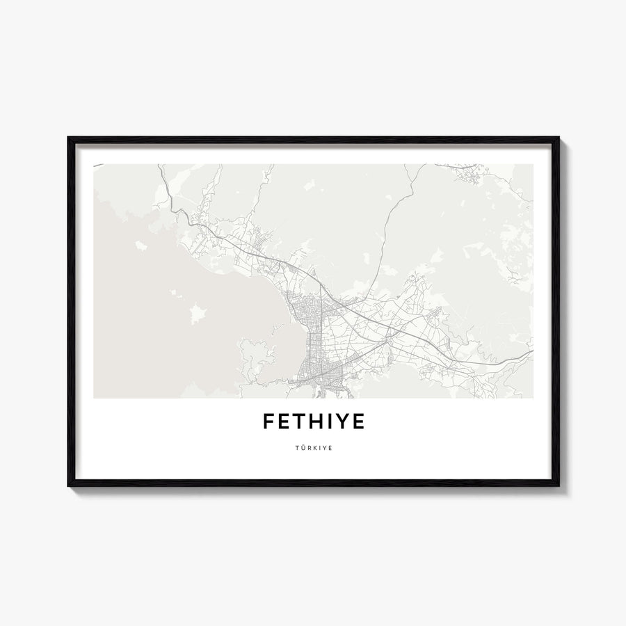 Fethiye black & white map poster of Türkiye – horizontal wall art, unframed print shown in interior mockup