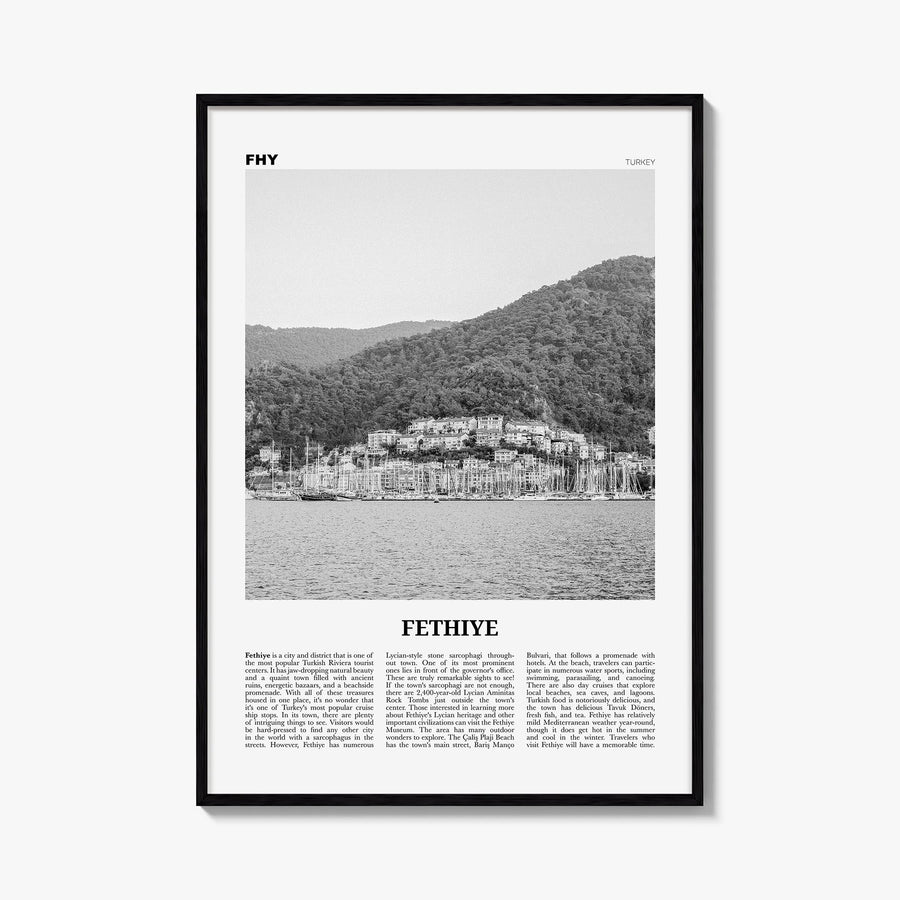 Fethiye black & white newspaper poster of Türkiye – vertical wall art, unframed print shown in interior mockup