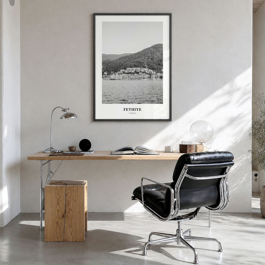 Fethiye Classic Poster in a black wood frame, hanging in a bright home office