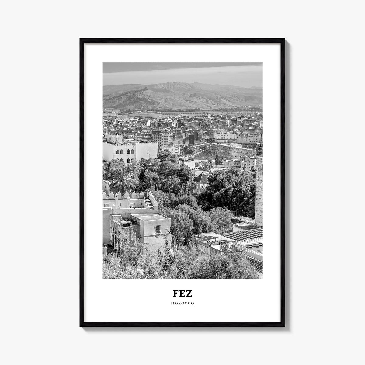 Fez black & white classic poster of Morocco – vertical wall art, unframed print shown in interior mockup