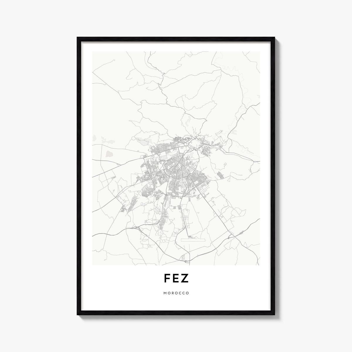 Fez black & white map poster of Morocco – vertical wall art, unframed print shown in interior mockup