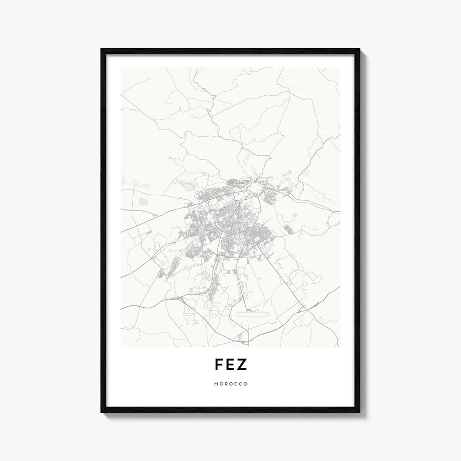 Fez black & white map poster of Morocco – vertical wall art, unframed print shown in interior mockup