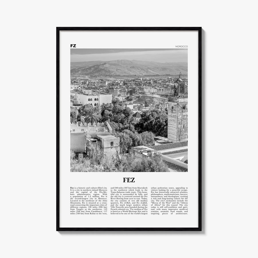 Fez black & white newspaper poster of Morocco – vertical wall art, unframed print shown in interior mockup