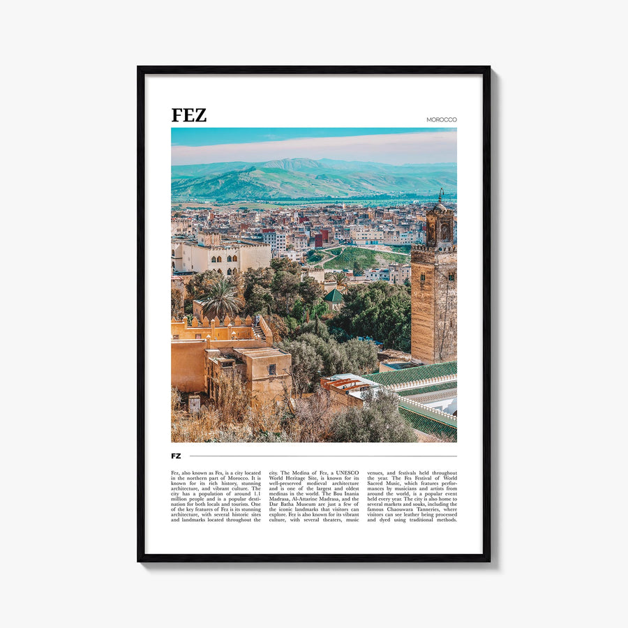 Fez colorful travel poster of Morocco – vertical wall art, unframed print shown in interior mockup