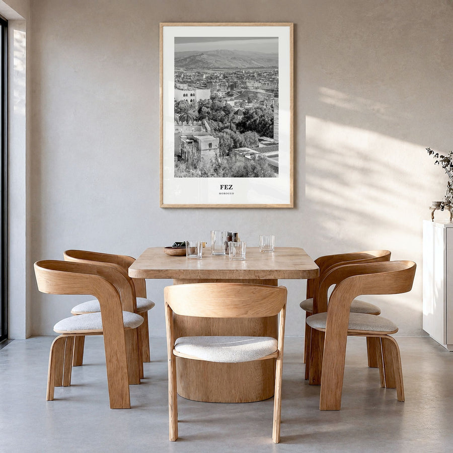 Fez Classic Poster in a natural wood frame, hanging in a dining room
