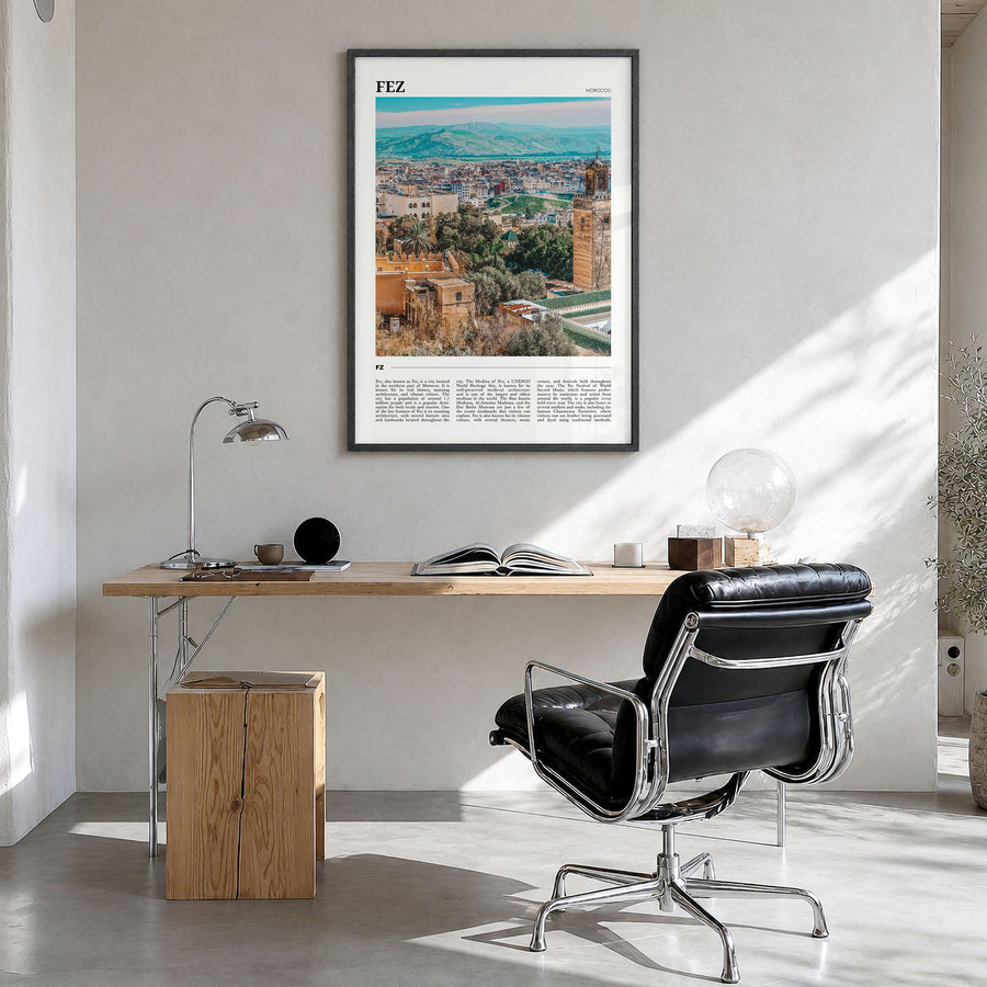 Fez Travel Poster in a black wood frame, hanging in a bright home office