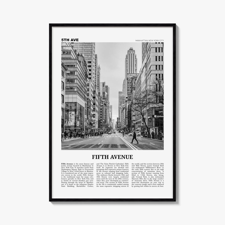 Fifth Avenue black & white newspaper poster of New York, USA – vertical wall art, unframed print shown in interior mockup