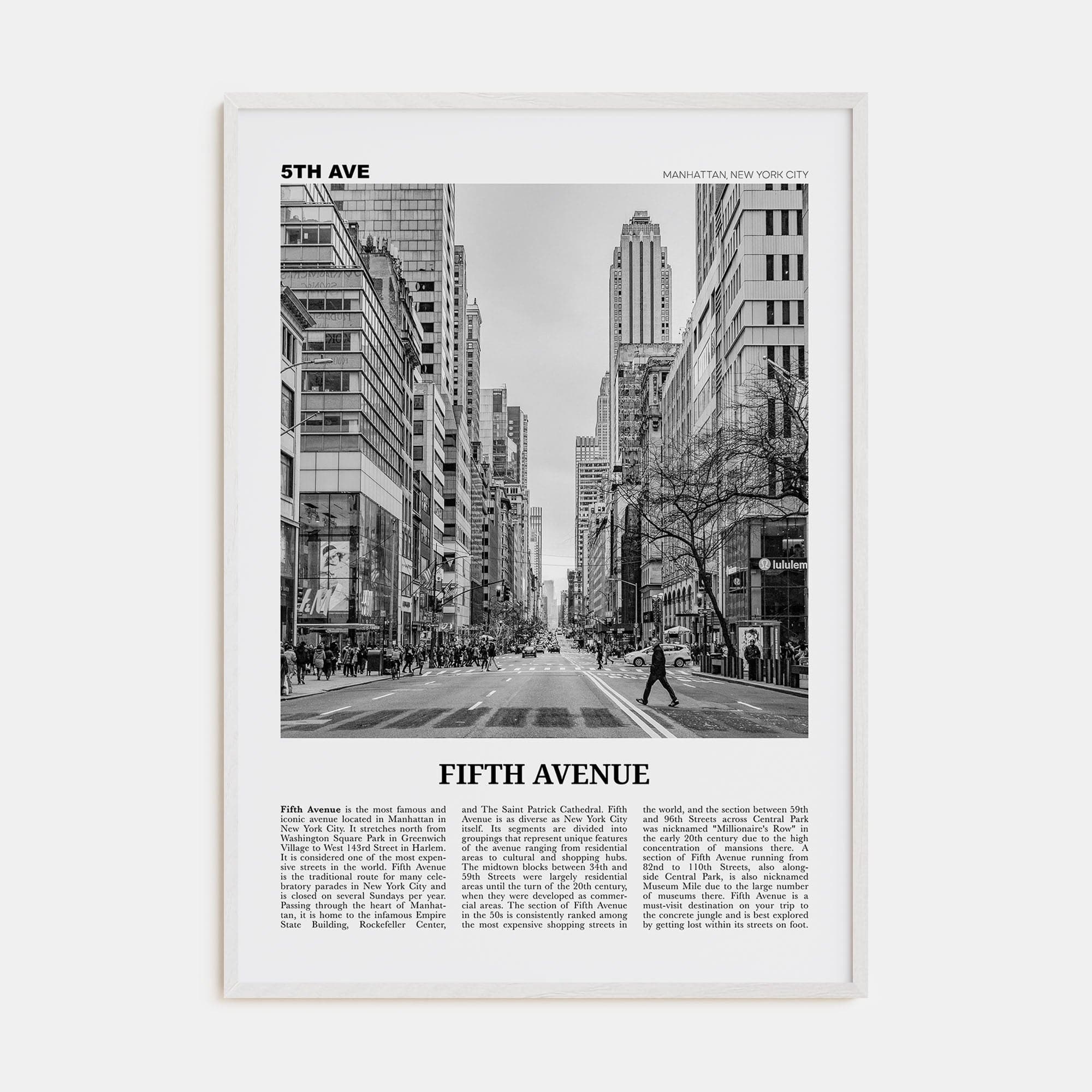 Fifth Avenue Poster White Wood / 8x12 in Nbourhood Travel B&W Poster