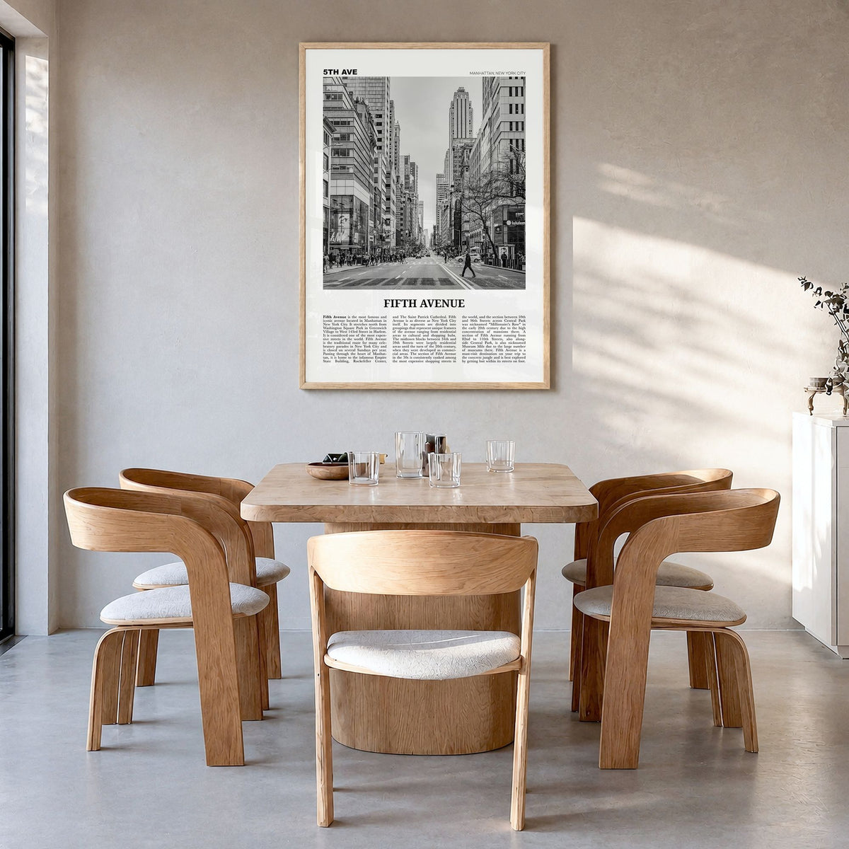 Fifth Avenue Newspaper Poster in a natural wood frame, hanging in a dining room