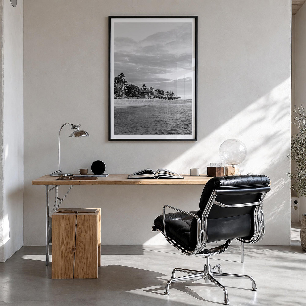 Fiji black & white photo poster of Oceania – vertical wall art in black wood frame with white border, hanging on wall