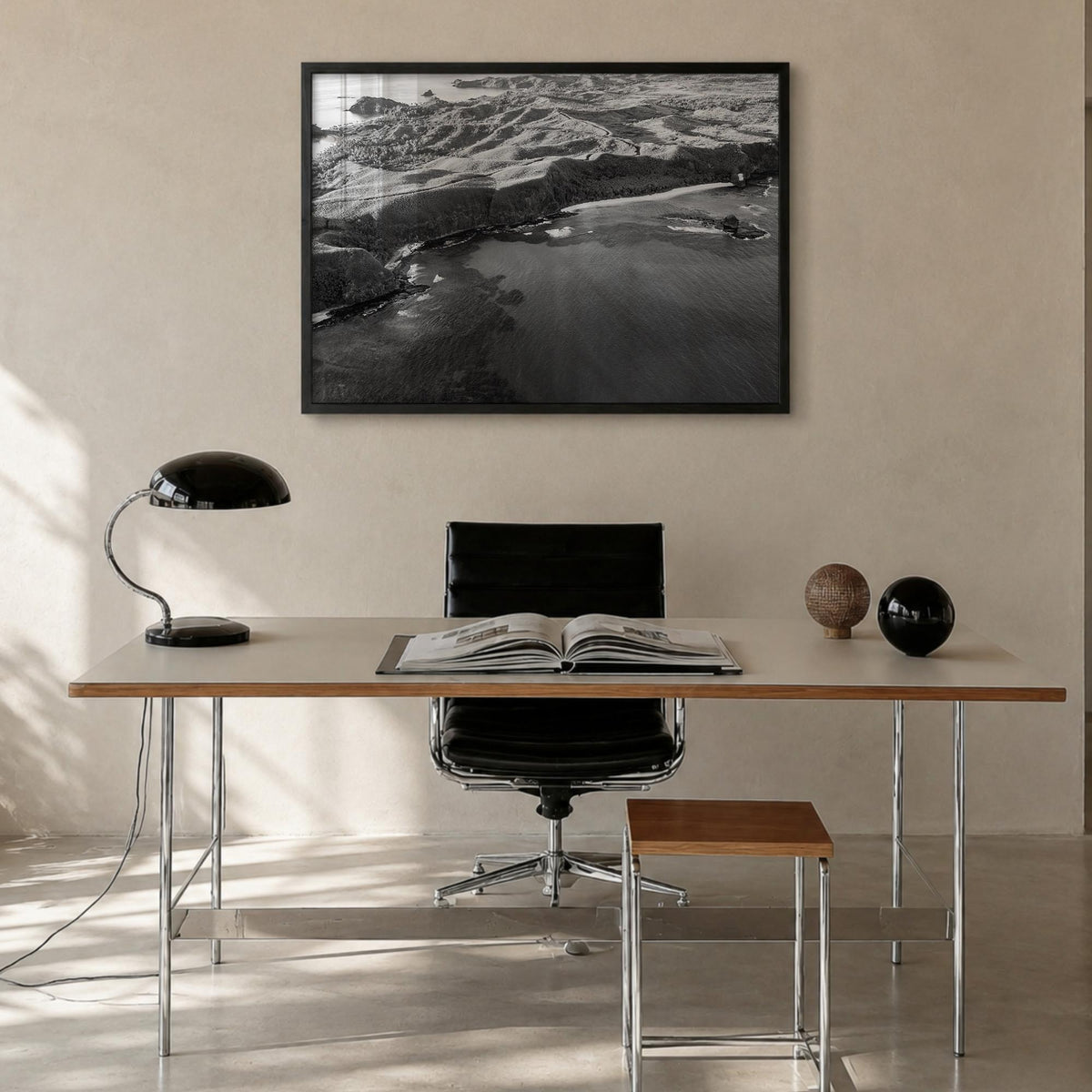 Fiji black & white photo poster of Oceania – horizontal wall art in black wood frame, hanging on wall