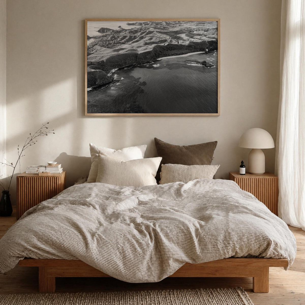 Fiji black & white photo poster of Oceania – horizontal wall art in natural wood frame, hanging on wall
