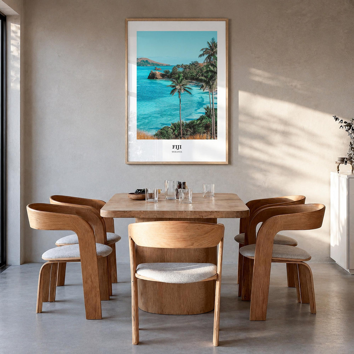 Fiji colorful classic poster of Oceania – vertical wall art in natural wood frame, hanging on wall