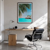 Fiji colorful photo poster of Oceania – vertical wall art in black wood frame with white border, hanging on wall