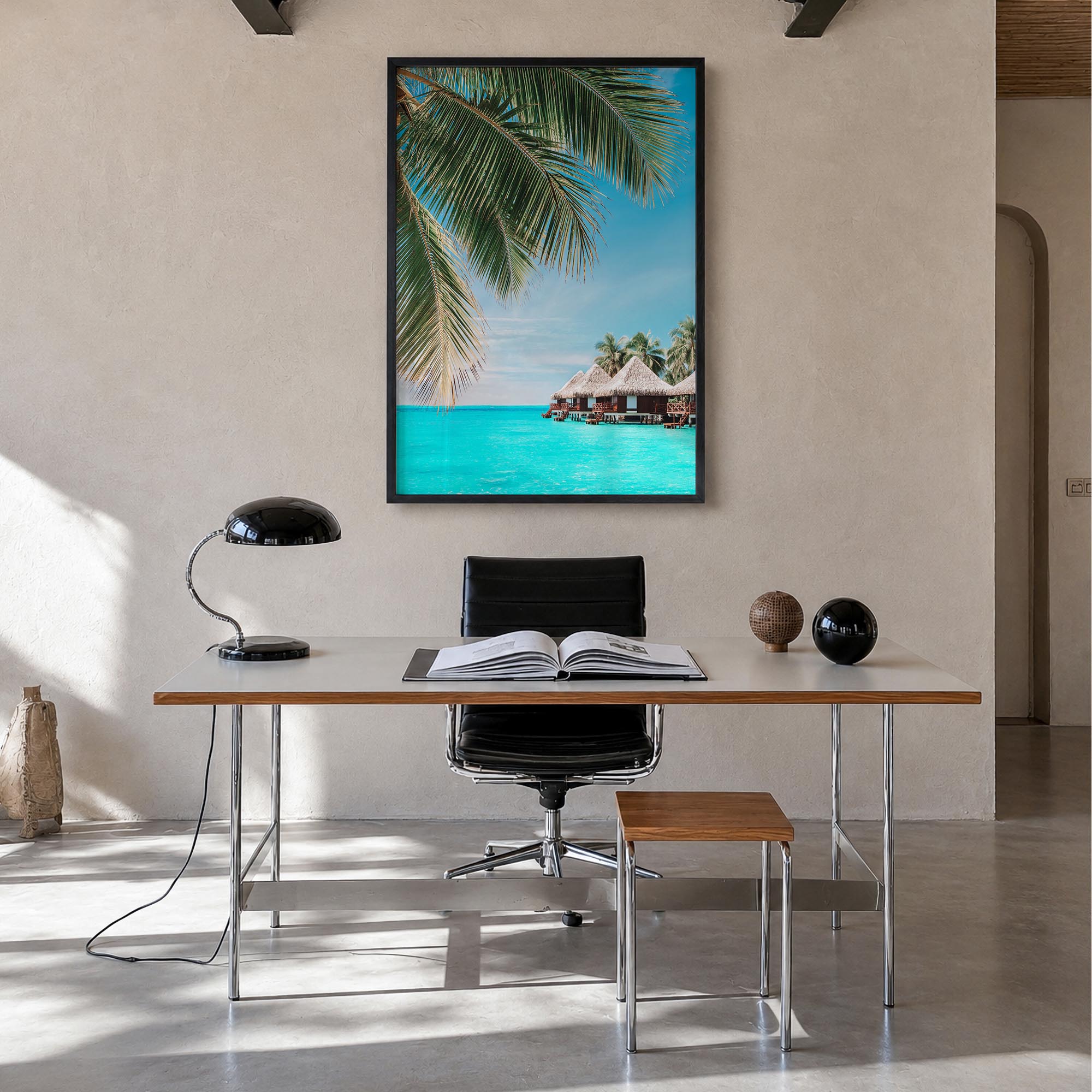Fiji colorful photo poster of Oceania – vertical wall art in black wood frame, hanging on wall