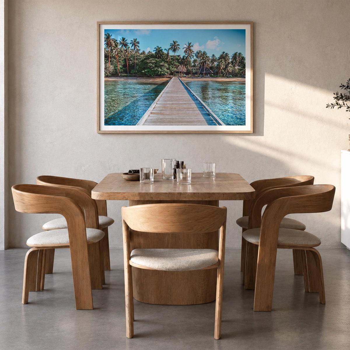 Fiji colorful photo poster of Oceania – horizontal wall art in natural wood frame with white border, hanging on wall