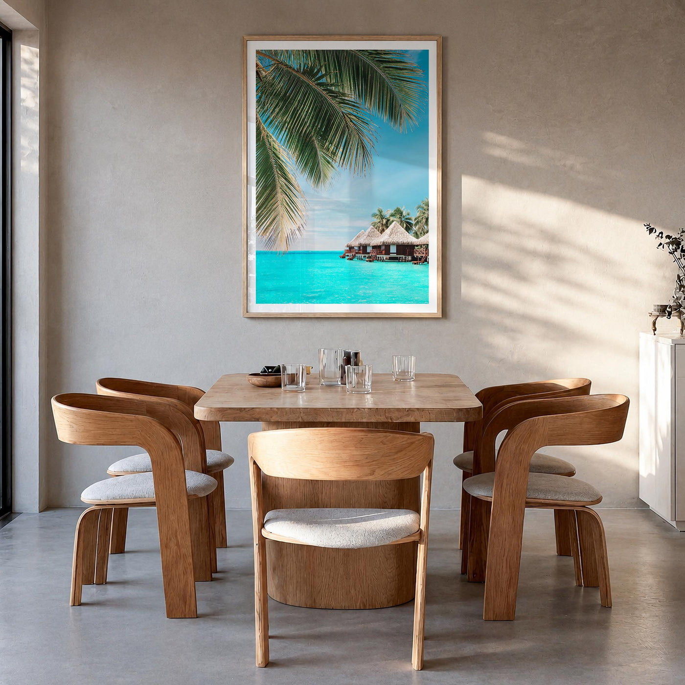 Fiji colorful photo poster of Oceania – vertical wall art in natural wood frame with white border, hanging on wall