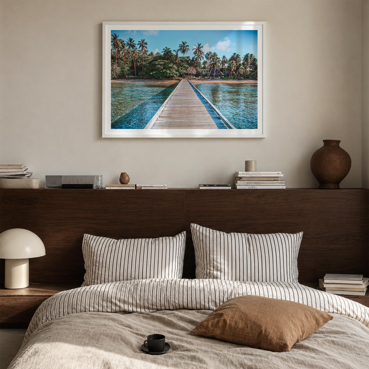 Fiji colorful photo poster of Oceania – horizontal wall art in white wood frame with white border, hanging on wall