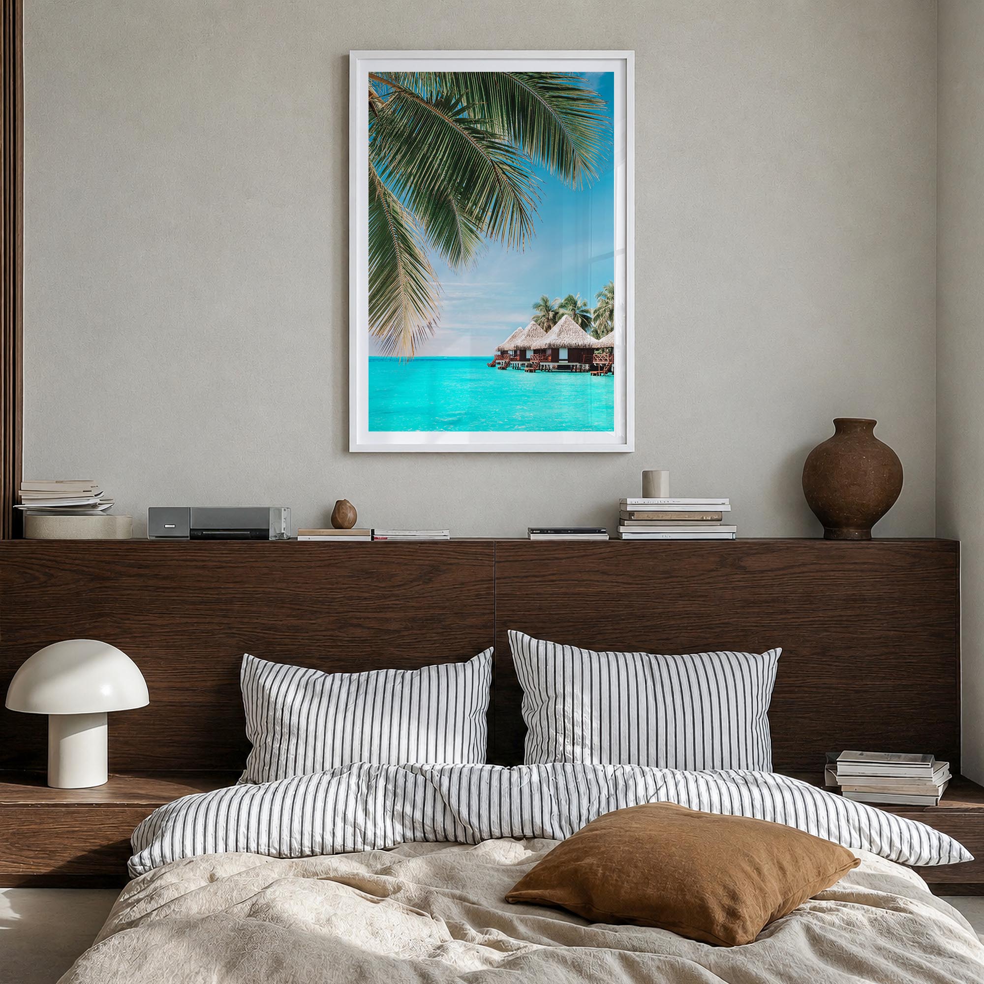 Fiji colorful photo poster of Oceania – vertical wall art in white wood frame with white border, hanging on wall
