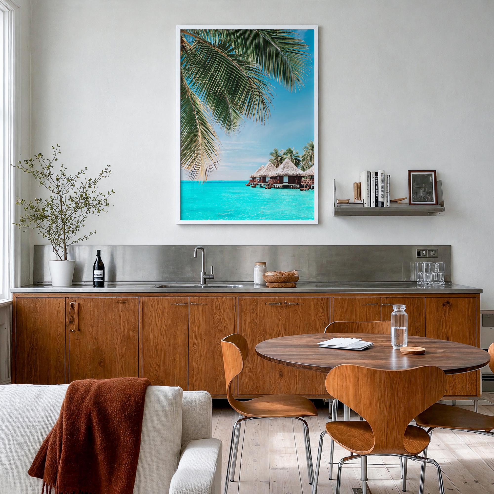 Fiji colorful photo poster of Oceania – vertical wall art in white wood frame, hanging on wall
