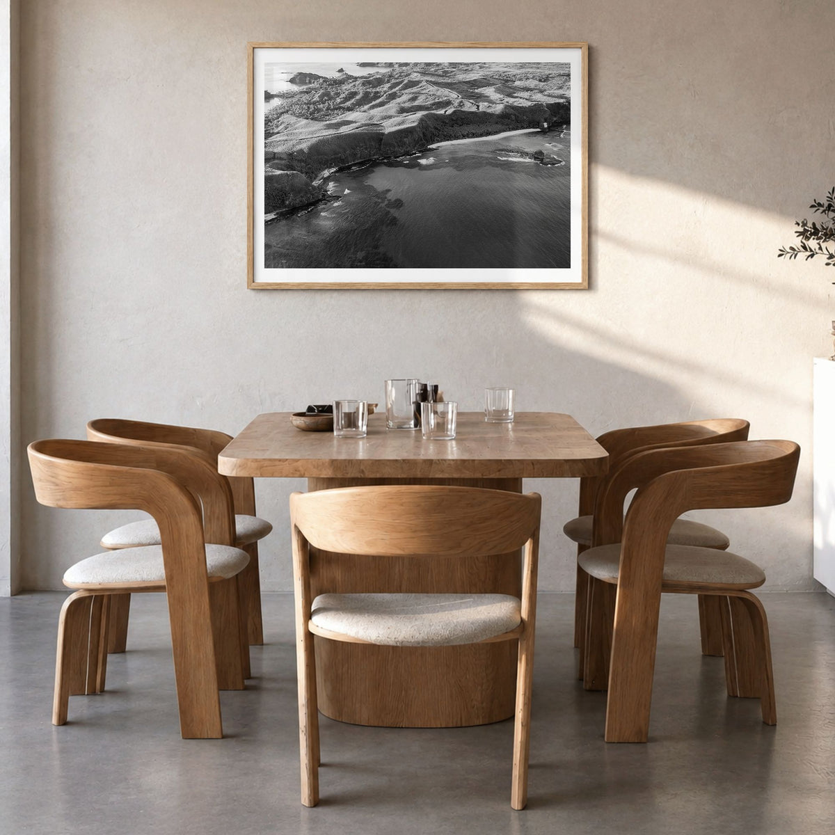 Fiji Photo Poster in a natural wood frame, hanging in a dining room, white border