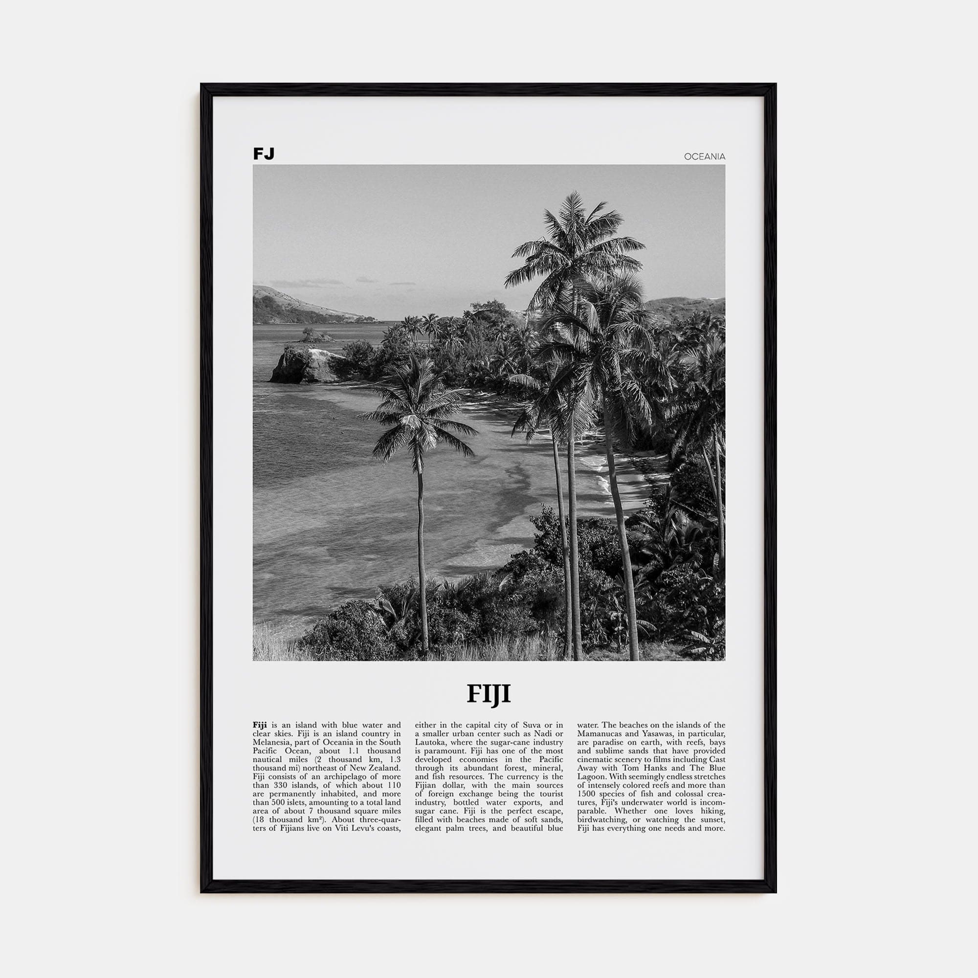 Fiji No 1 Poster Black Wood / 8x12 in Nbourhood Travel B&W Poster