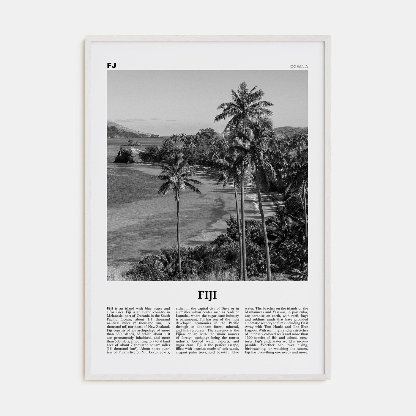 Fiji No 1 Poster White Wood / 8x12 in Nbourhood Travel B&W Poster