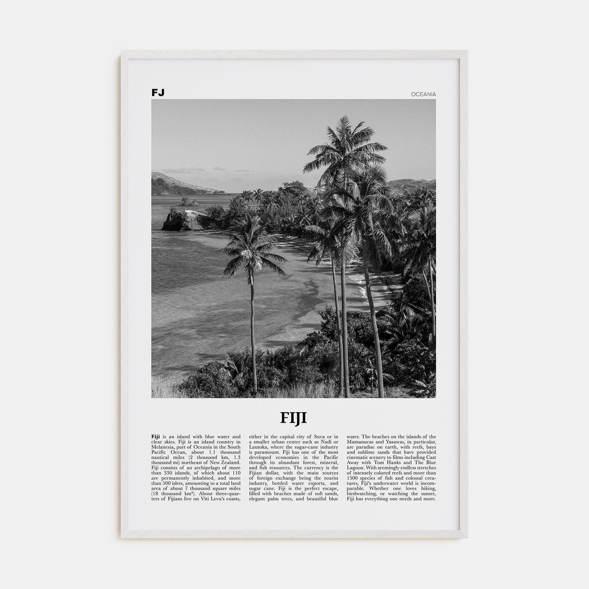 Fiji No 1 Poster White Wood / 8x12 in Nbourhood Travel B&W Poster