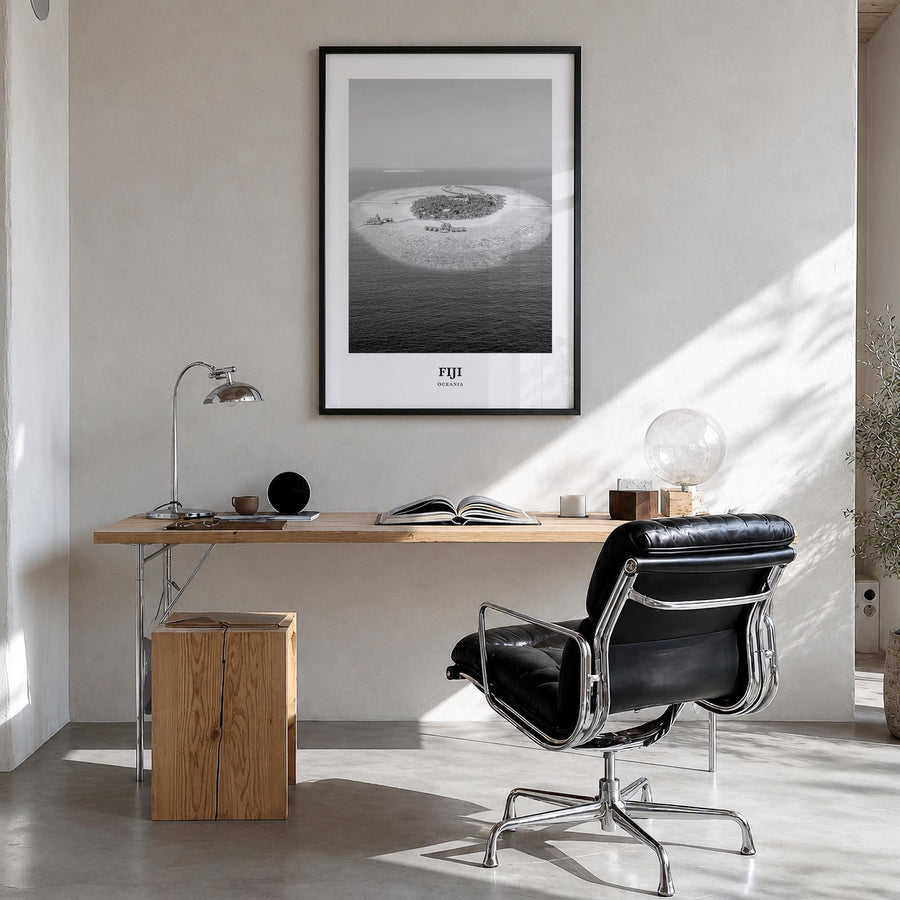 Fiji no. 2 black & white classic poster of Oceania – vertical wall art in black wood frame, hanging on wall