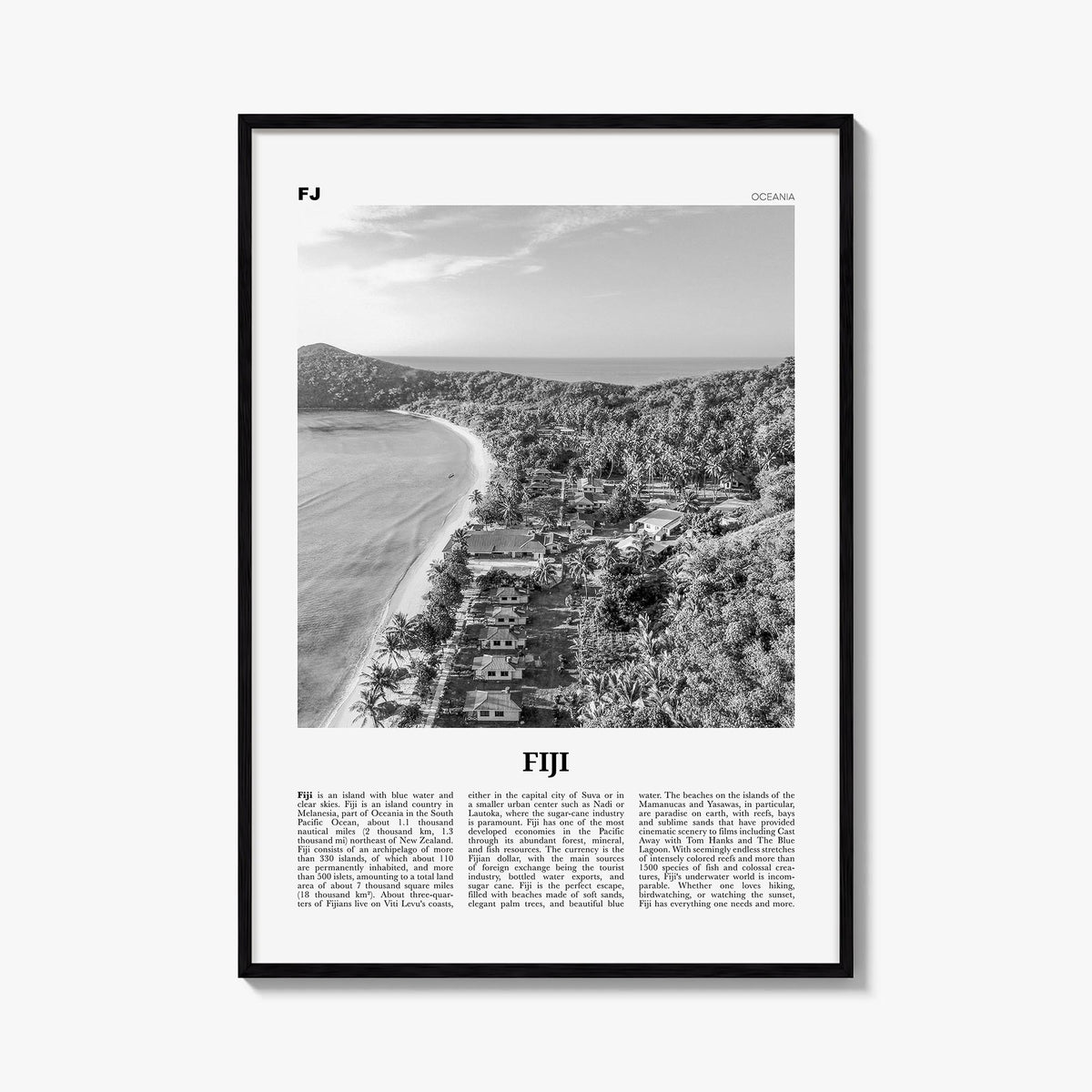 Fiji no. 2 black & white newspaper poster of Oceania – vertical wall art, unframed print shown in interior mockup
