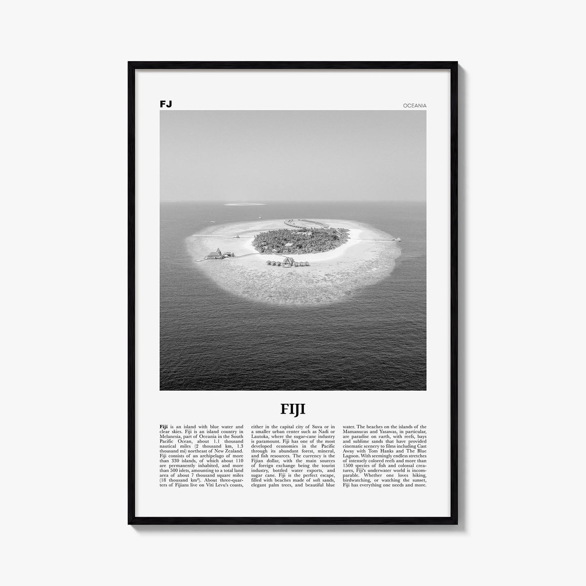 Fiji no. 3 black & white newspaper poster of Oceania – vertical wall art, unframed print shown in interior mockup