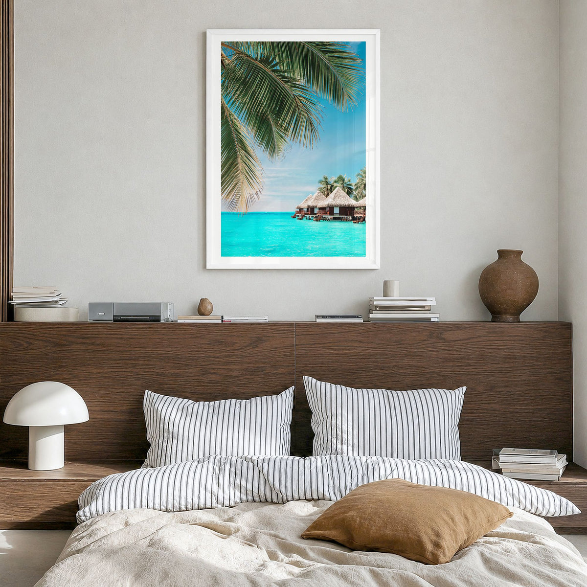Fiji Photo Poster in a white wood frame, hanging in a bedroom, white border