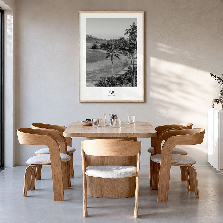Fiji Classic No 3 Poster in a natural wood frame, hanging in a dining room
