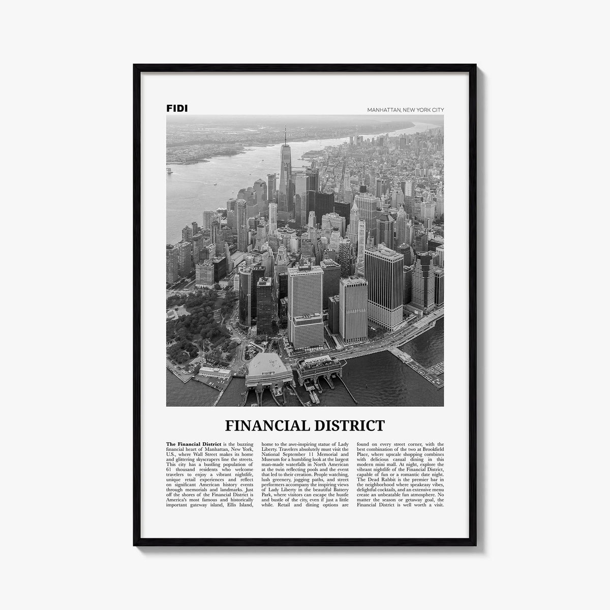 Financial District, New York City black & white newspaper poster of New York, USA – vertical wall art, unframed print shown i