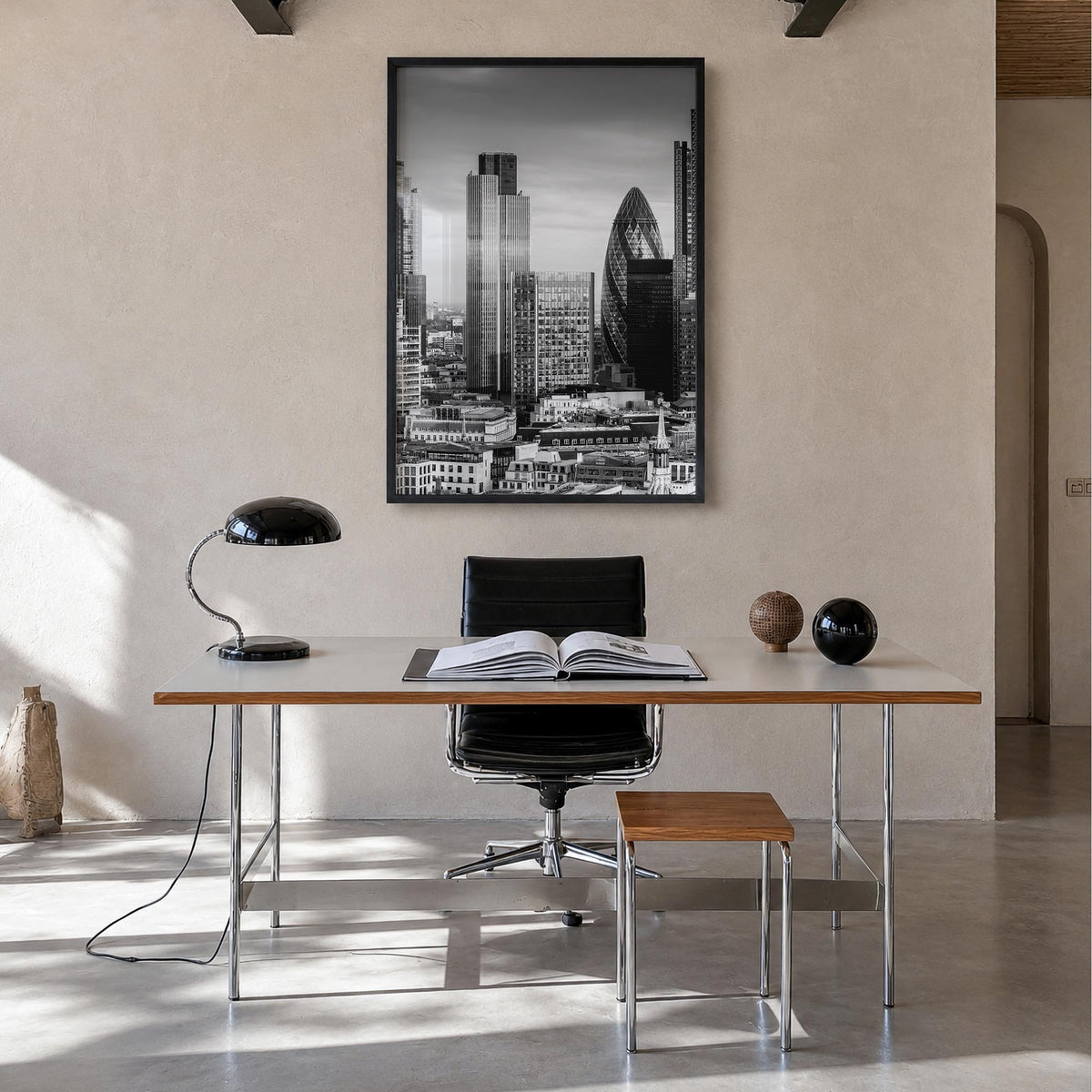 Financial District, New York City black & white photo poster of New York, USA – vertical wall art in black wood frame, hangin