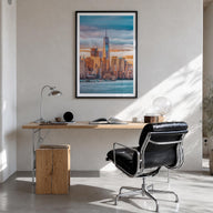 Financial District, New York City colorful photo poster of New York, USA – vertical wall art in black wood frame with white b