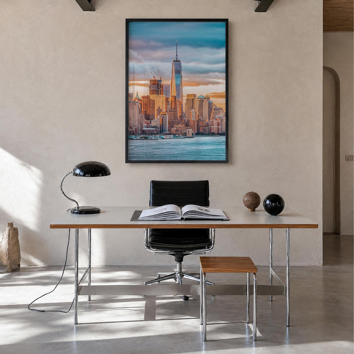 Financial District, New York City colorful photo poster of New York, USA – vertical wall art in black wood frame, hanging on 