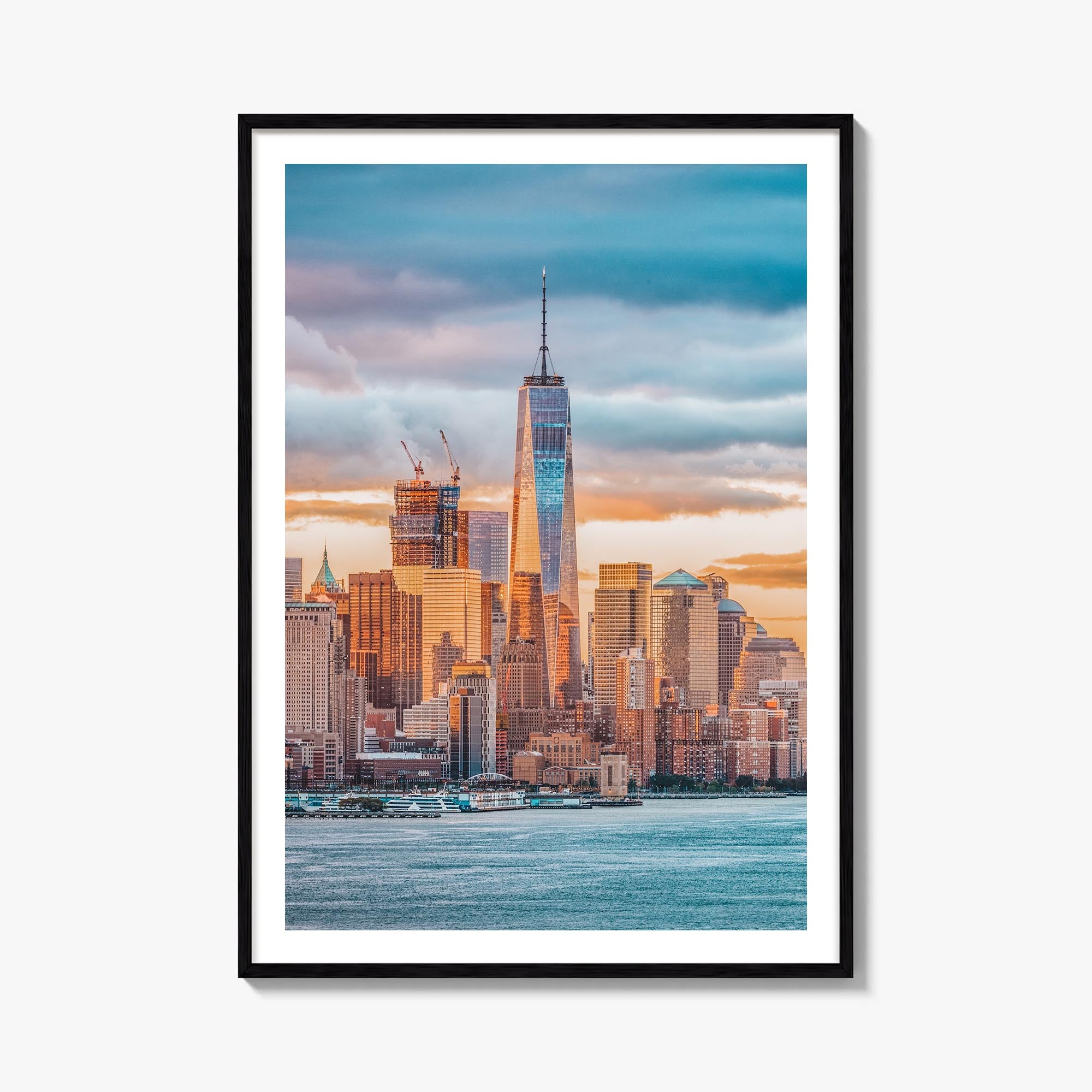 Financial District, New York City colorful photo poster of New York, USA – vertical wall art, unframed print shown in interio