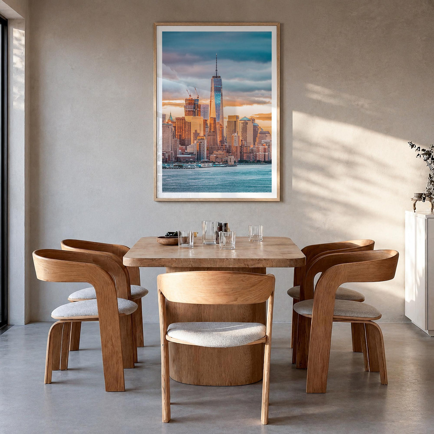 Financial District, New York City colorful photo poster of New York, USA – vertical wall art in natural wood frame with white