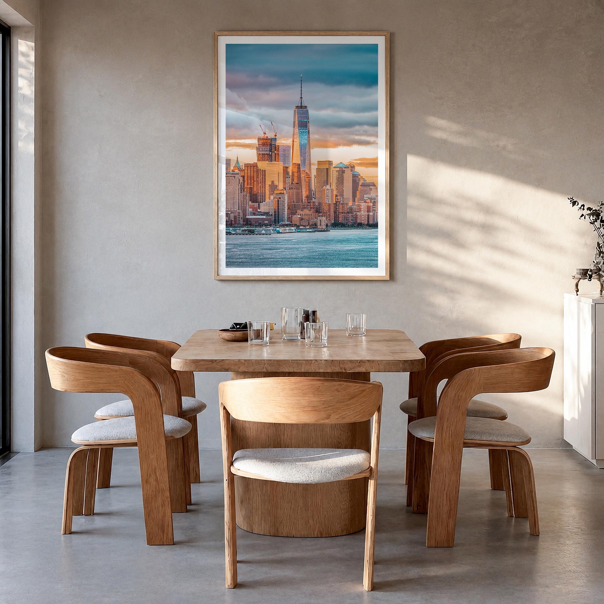 Financial District, New York City colorful photo poster of New York, USA – vertical wall art in natural wood frame with white