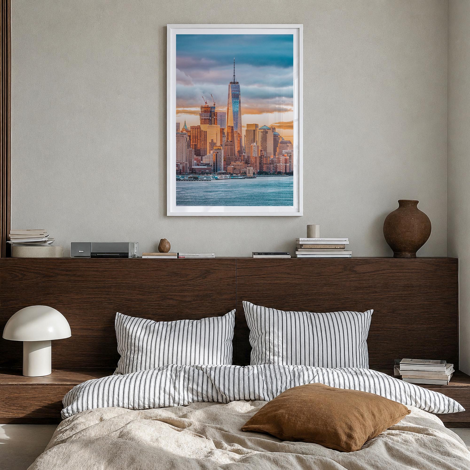 Financial District, New York City colorful photo poster of New York, USA – vertical wall art in white wood frame with white b
