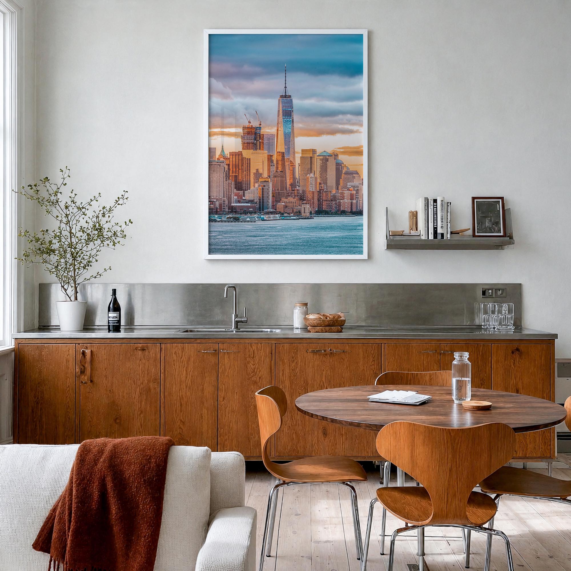 Financial District, New York City colorful photo poster of New York, USA – vertical wall art in white wood frame, hanging on 