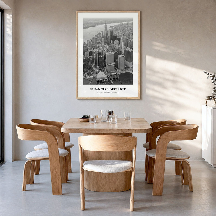 Financial District, New York City Classic Poster in a natural wood frame, hanging in a dining room