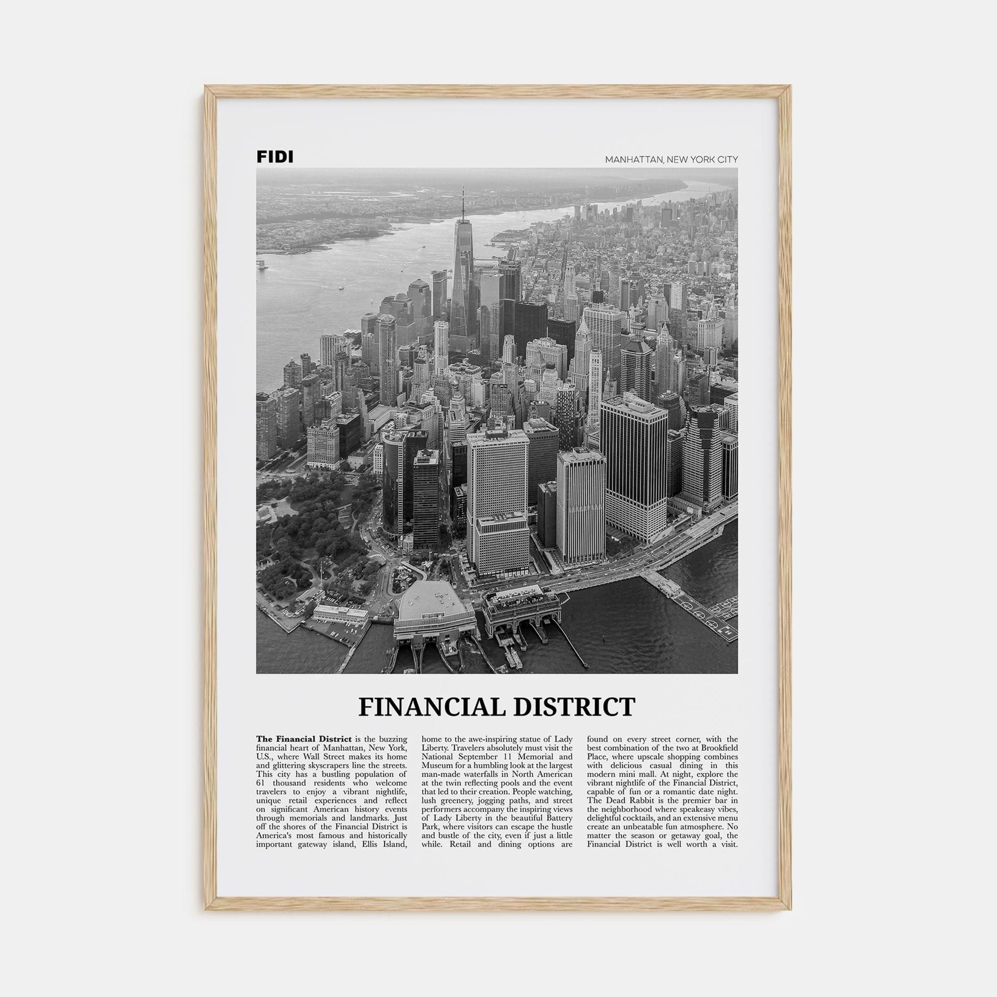 Financial District, New York City Poster Natural Wood / 8x12 in Nbourhood Travel B&W Poster