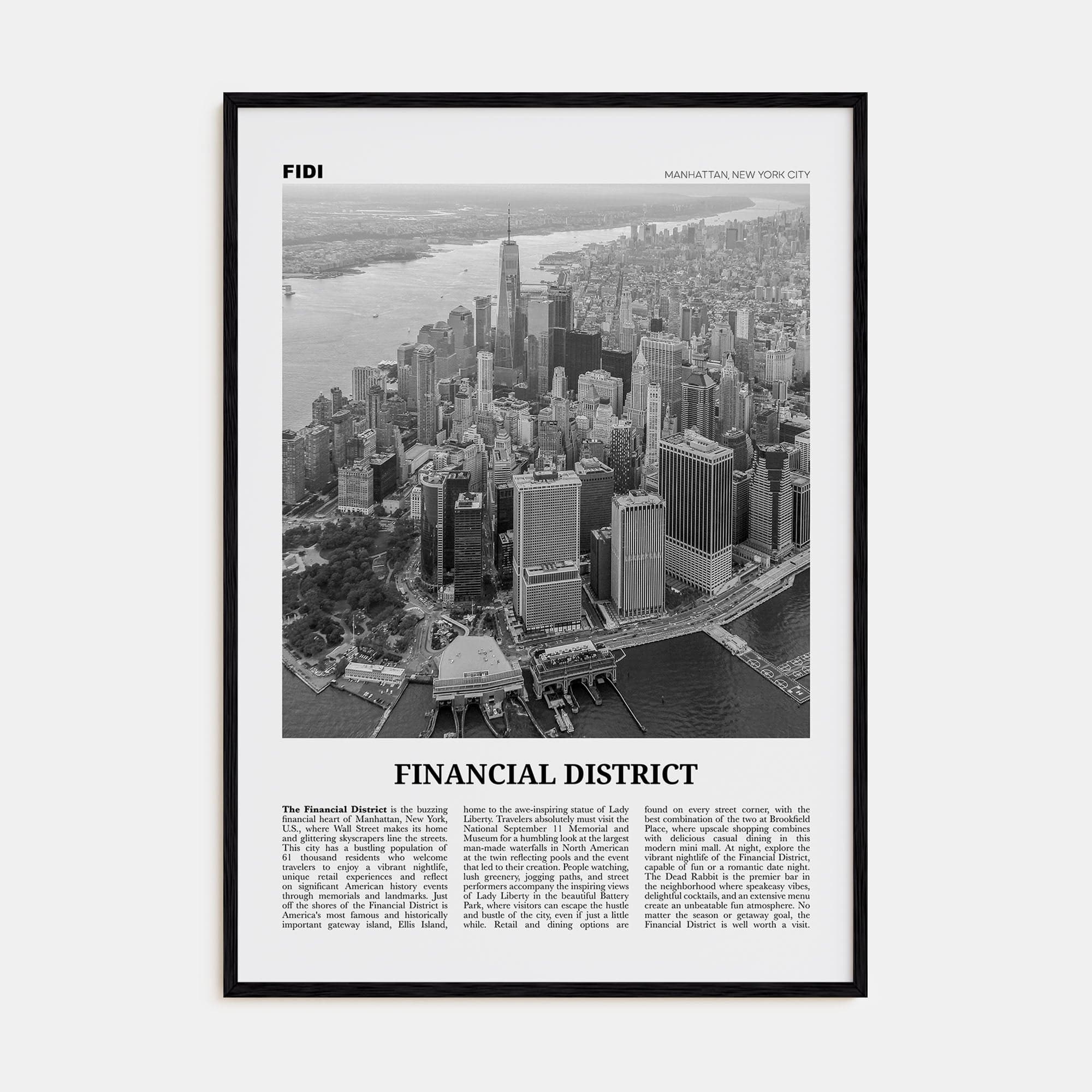 Financial District, New York City Poster Black Wood / 8x12 in Nbourhood Travel B&W Poster