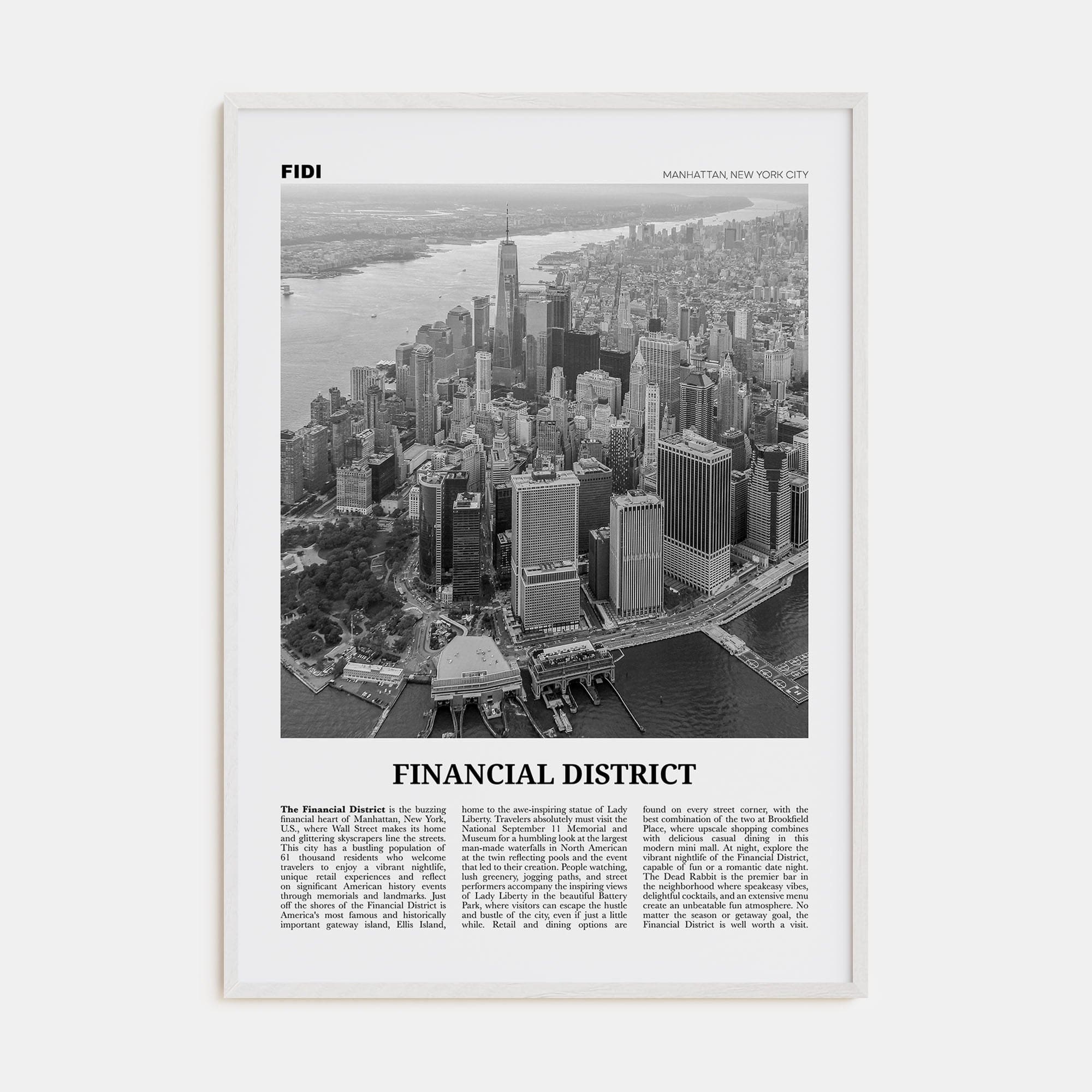 Financial District, New York City Poster White Wood / 8x12 in Nbourhood Travel B&W Poster