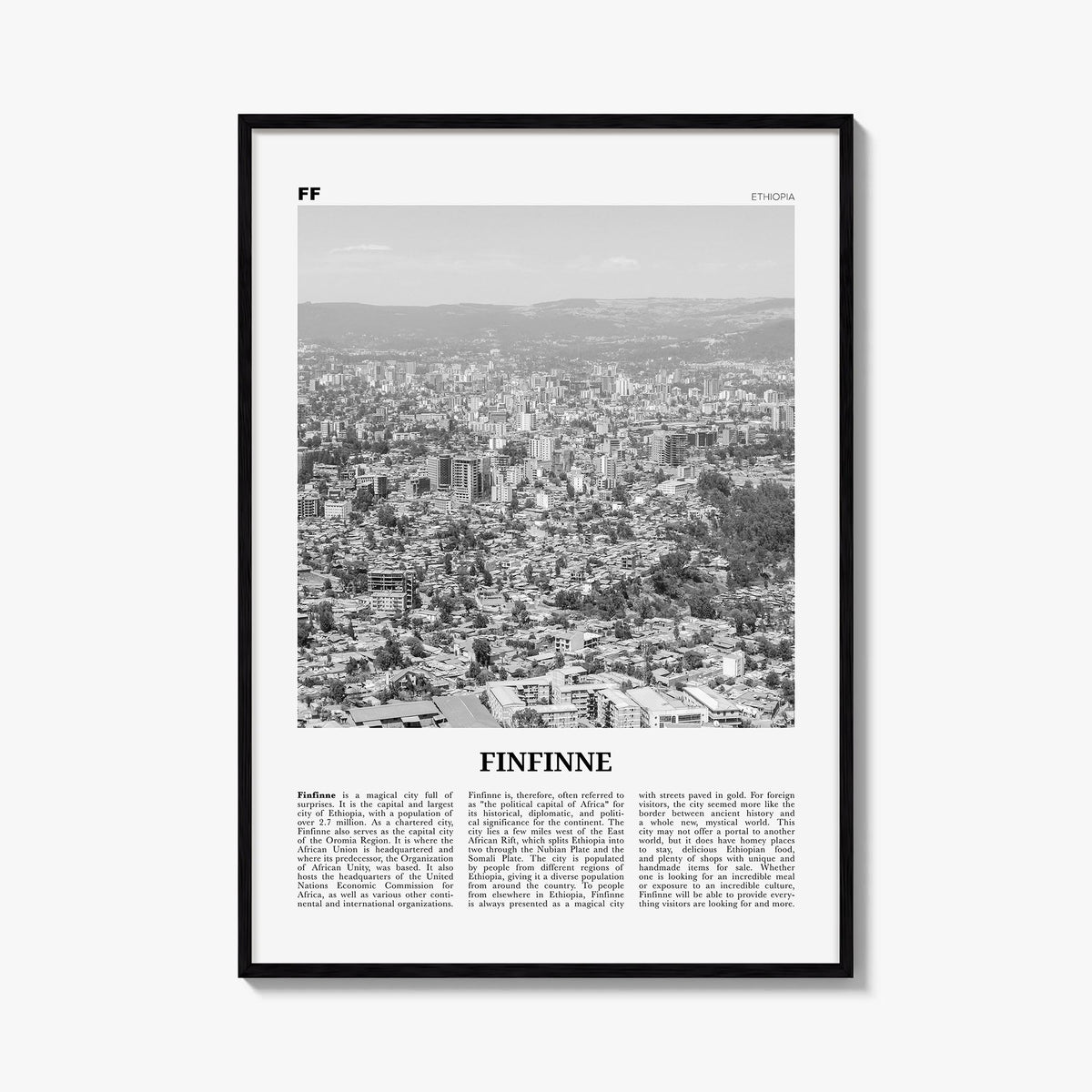 Finfinne black & white newspaper poster of Ethiopia – vertical wall art, unframed print shown in interior mockup
