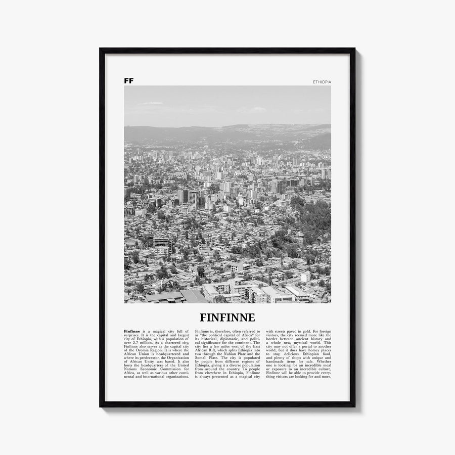 Finfinne black & white newspaper poster of Ethiopia – vertical wall art, unframed print shown in interior mockup