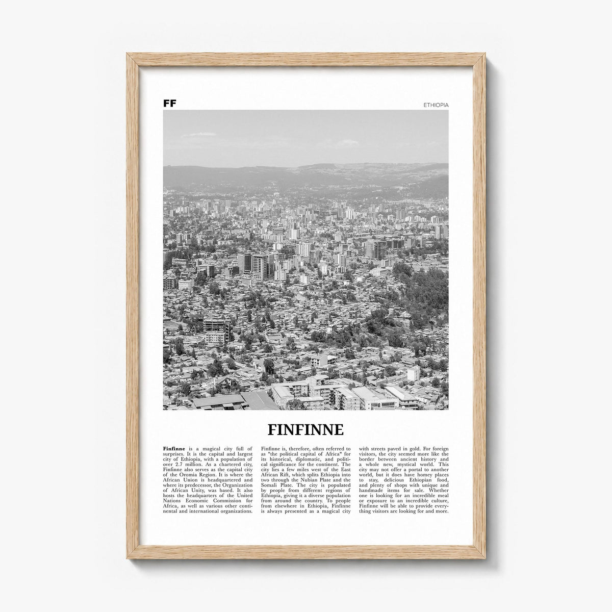 Finfinne Newspaper Poster in a natural wood frame