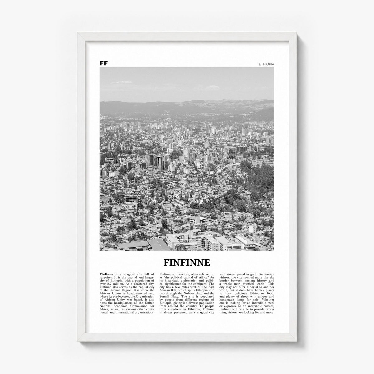 Finfinne Newspaper Poster in a white wood frame